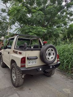 the truck is parked on the side of the road next to tall grass and trees