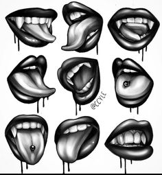 the different types of mouth shapes are shown in black and white, with dripping paint on them