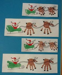 three stickers with santa riding on a sleigh and reindeers pulling him