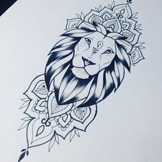 a drawing of a lion's head with an ornamental pattern on it and leaves around its neck