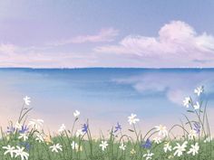 the water is blue and white with daisies in the foreground, and clouds in the background