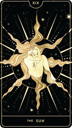 the sun tarot card is shown in gold and black