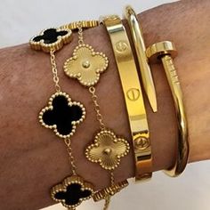 clover | Jewelry | 4 Stack Gold Bracelets One Nail One Black Clover One Gold Clover One Love | Poshmark Nail Bracelet, Clover Jewelry, Best Wigs, Gold Bracelets, One Love, Black Clover, Bracelet Bangle, Love Bracelets, Steel Bracelet