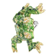 Delicate details imbue this enchanting brooch with a lifelike quality, perfect for the animal lover of those who seek to invite success into their lives. As a symbol of prosperity, the frog is a good luck charm. Not just lucky, this little amphibian is simply charming with intricate floral detailing and a brilliant green enamel color applied to the turtle for vibrancy. His eyes are created from 1/6 total cttw round white diamonds of an approximate H-I color and VS2-SI1 clarity that add glamour and sparkle. Cast in genuine 18k yellow gold, this brooch is set to ribbit and hop its way straight into your heart. This brooch will add a spark to any outfit, including coats and jackets and equally beautiful pinned to any bag, hat or back-pack. Floral Brooch, Green Frog, Luck Charm, Gold Brooches, Luck Charms, Green Enamel, Delicate Details, Yellow Diamond, Amphibians