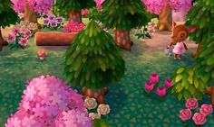 an animal is standing in the middle of some pink flowers and trees, with another animal looking on