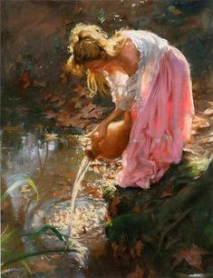 a painting of a woman washing her hands in a stream