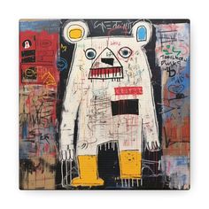 a white bear with yellow feet standing in front of graffiti