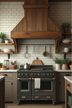 Farmhouse kitchen with wooden range hood and open shelving Shelf Behind Stovetop, Range With Open Shelving, Wall Above Stove Decor, Stove With Open Shelving, Open Shelving Near Range Hood, Range Hood With Open Shelving, Stove Niche, Farmhouse Kitchen With Open Shelving, Above Stove Decor