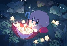 a cartoon character holding an umbrella in the air with stars all around him and his eyes closed