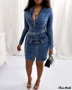 Olivia Mark - Vestido vaquero de manga larga con cremallera para mujer Long Sleeve Denim Dress, Chic Type, Notched Collar, Dress Material, Style Chic, Dress Size Chart, Olivia Mark, 8 M, Dress Materials