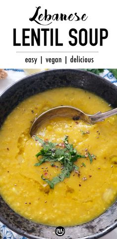 a bowl of lentil soup with a spoon in it