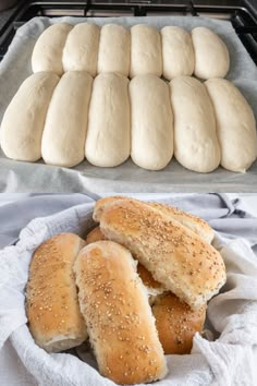 bread rolls sitting on top of a white towel next to a pan filled with buns