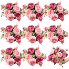 a bunch of pink roses are arranged together