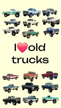 i love old trucks with different colors and sizes on it's back side, in front of a white background