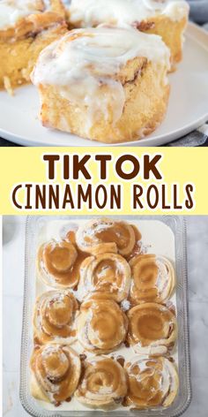 two different images of cinnamon rolls with icing on them and the words tiktok cinnamon rolls