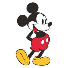 the mickey mouse is smiling and wearing a red skirt with yellow shoes on his feet