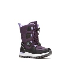 Kamik-Bouncer Snow Boot - Kids' Keep them a step ahead of the cold with the Bouncer snow boot from Kamik. Featuring sustainable Heat-Mx insulation, this round-toe boot ensures warmth in temperatures down to -40 F. The waterproof DriDefense membrane keeps feet dry even when splashing through icy puddles. For extra safety in low light, NiteRays reflective accents offer visibility, while the GripXT self-cleaning treads provide solid traction on slippery terrain. Also, this boot is completely vegan! Not sure which size to order? Click here to check out our Kids’ Measuring Guide! For more helpful tips and sizing FAQs, click here . Kids Boots, Our Kids, Snow Boots, Blackberry, Boots, Purple