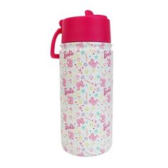 thermos bottle with pink lid and butterfly print on it, is shown against a white background