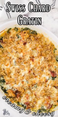 a casserole dish with cheese and spinach in it on a white plate