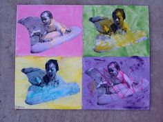 four different colored pictures of people in watercrafts on the ground, with one person holding an umbrella