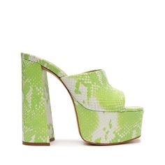 Amazing Lime Green Snake Print Platform Block Heel Mules. They Are Brand New Only Tried On. Unfortunately They Are A Bit Too Big For Me And They Were Final Sale :( Black Patent Pumps, Block Sandals, Green Snake, Navy Shoes, Platform Sandals Heels, Mule Sandals, And Dresses, Block Heels Sandal, Suede Heels