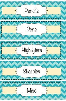 four blue and yellow chevroned labels with the words pencils, highlighters, sharpe