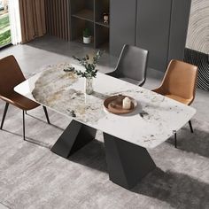 a dining table with marble top and metal legs