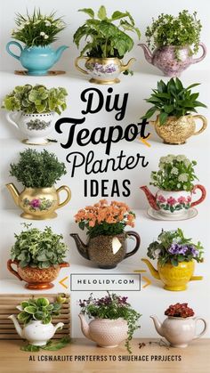 the cover of diy teapot planter ideas, featuring various potted plants