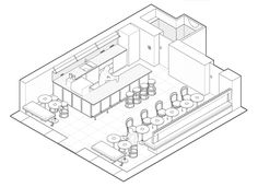 an outline drawing of a room with chairs and desks in the center, as well as a bar