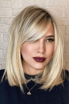 Side Fringe Round Face, Long Sweeping Fringe, Side Parting Hair With Bangs, Shoulder Length Hair With Side Fringe, Side Swept Bangs With Glasses, Long Bob Side Fringe, Kristin Dunst Hair, Shoulder Length Hair With Curtain Bangs Side Part, Blended Side Bangs