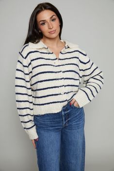 Leigha is wearing a size small, this style is fitting true to size. S fits sizes 0 - 4. M fits sizes 6 - 8. L fits size 10 - 12. Please note all online inventory reflects in store inventory. 55% ACRYLIC 45% COTTON All sale items are final sale. Striped Cardigan, Sale Items, Final Sale, In Store, Size 10, Size Small, Navy, How To Wear