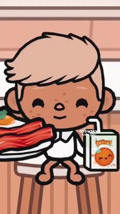 a cartoon boy holding a plate with bacon on it and an orange cat sitting next to him