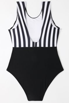 Contrast striped print High neckline Color-blocking design Deep V back Wide shoulder strap Removable padding Pull-on style High-leg cut Classic coverage Striped Lined Bodysuit For Vacation, Striped Bodysuit With Lined Body For Vacation, Summer Striped Color Block Swimwear, Striped One-piece Lined Bodysuit, Striped One-piece Bodysuit With Lined Body, Striped Sleeveless Bodysuit For Beachwear, Sleeveless Striped Bodysuit For Pool, Striped Color Block Swimwear For Vacation, Fitted Striped Color Block Swimwear