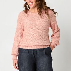 You'll feel cozy and feminine wearing this women's pullover sweater from Liz Claiborne. Cut for a classic-fit from a soft metallic fluffy knit with a pretty perforated pattern, it has a crew neckline, long blouson cuffed sleeves and ribbed trims. Wear it with tailored pants or jeans.Closure Type: Pullover HeadFit: Regular FitNeckline: Crew NeckSleeve Length: Long SleeveSleeve Style: Fitted SleeveApparel Length: 25 InchesFiber Content: 75% Nylon, 25% MetallicFabric Description: KnitCare: Machine Fluffy Knit, Large Sweaters, Small Sweater, Long Sleeve Pullover Sweater, Pullover Sweater Women, Tailored Pants, Persimmon, Pink Sweater, Cuff Sleeves