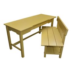 a wooden table and bench sitting next to each other on top of a white background