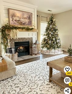 a living room with a christmas tree and fireplace