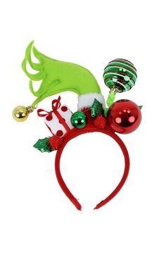 Green elf Christmas headband with ornaments - Greenery MarketPicks229101 Diy Grinch Headband, Grinch Headband, Christmas Headband Diy, Disney Projects, Grinch Face Svg, Green Elf, Christmas Berries, Christmas Hair Accessories, Winter Signs