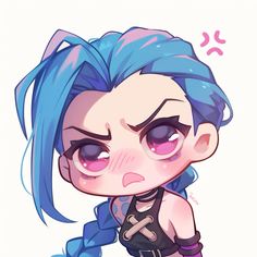 an anime character with blue hair and piercings on her face, wearing black clothes