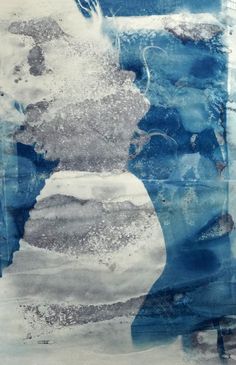 an abstract painting with blue and white colors