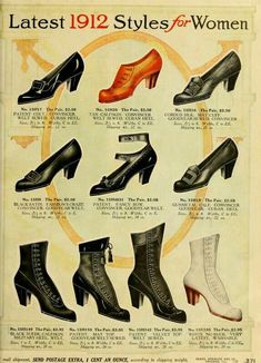 Ladies' shoe styles in 1912. Brown Pumps Heels, Patron Vintage, Sears Catalog, Brown Pumps, 20th Century Fashion, Shoes Brown