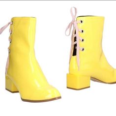 Designer Ankle Boots, Booties. Designed In Italy, Made In China. Canary Yellow, High Gloss, Textile Fibers, Chunky Block Heel, Snug Fit, High-Fashion, Mod, Yellow Submarine, Austin Powers Vibe. Lace-Up, Laces Can Be Changed. One Faint Paper-Fine Scratch (See Photo/Appears Larger Than Is). Spring Medium Width Lace-up Heeled Boots, Spring Ankle Boots With Reinforced Heel, Spring Patent Leather Heeled Boots Medium Width, Spring Patent Leather Ankle Boots, Spring Ankle Boots In Patent Leather, Spring Ankle-high Patent Leather Boots, Spring Lace-up Heeled Boots Medium Width, Spring Patent Leather Heeled Boots With Reinforced Heel, Spring Lace-up Heeled Boots With Reinforced Heel