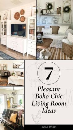 a collage of photos with the words 7 pleasant boho chic living room ideas