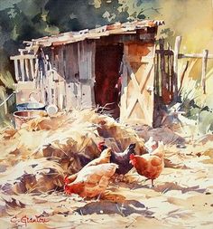 a painting of chickens in front of a shack