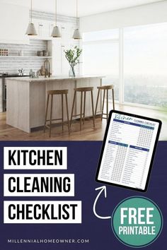 the kitchen cleaning checklist is displayed in front of an open window with chairs and table