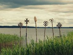 four wooden crosses sitting in the grass next to a body of water on a cloudy day