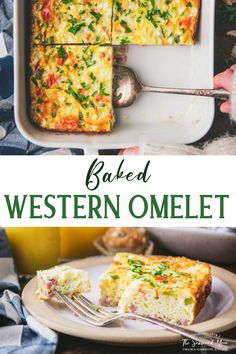 baked western omelet on a plate with a fork