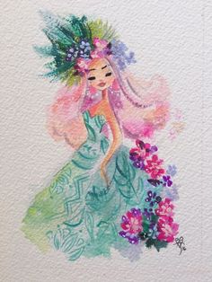 a watercolor painting of a woman in a dress with flowers on her head and long hair