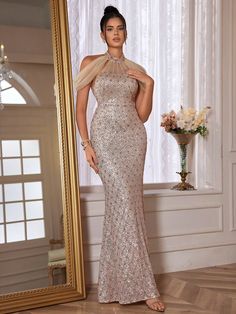 Women's Pearl Beading Mesh Halter Fishtail Cocktail Party Dress Pink   Sleeveless Sequins Plain,All Over Print Bodycon Medium Stretch  Weddings & Events, size features are:Bust: ,Length: ,Sleeve Length: Designer Sleeves, Bridal Fur, Tail Dress, 파티 드레스, Rose Bonbon, Sequin Cocktail Dress, Womens Cocktail Dresses, Cocktail Party Dress, 70 Dress