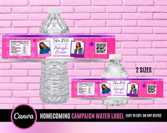 water bottle labels with pink brick wall in the background and two different designs on each side