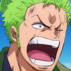 an anime character with green hair has his mouth open